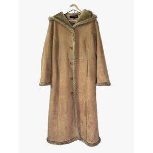 Womens XL Penny Lane Tan Faux Suede Maxi Hooded Full Length Faux Fur Trim Coat